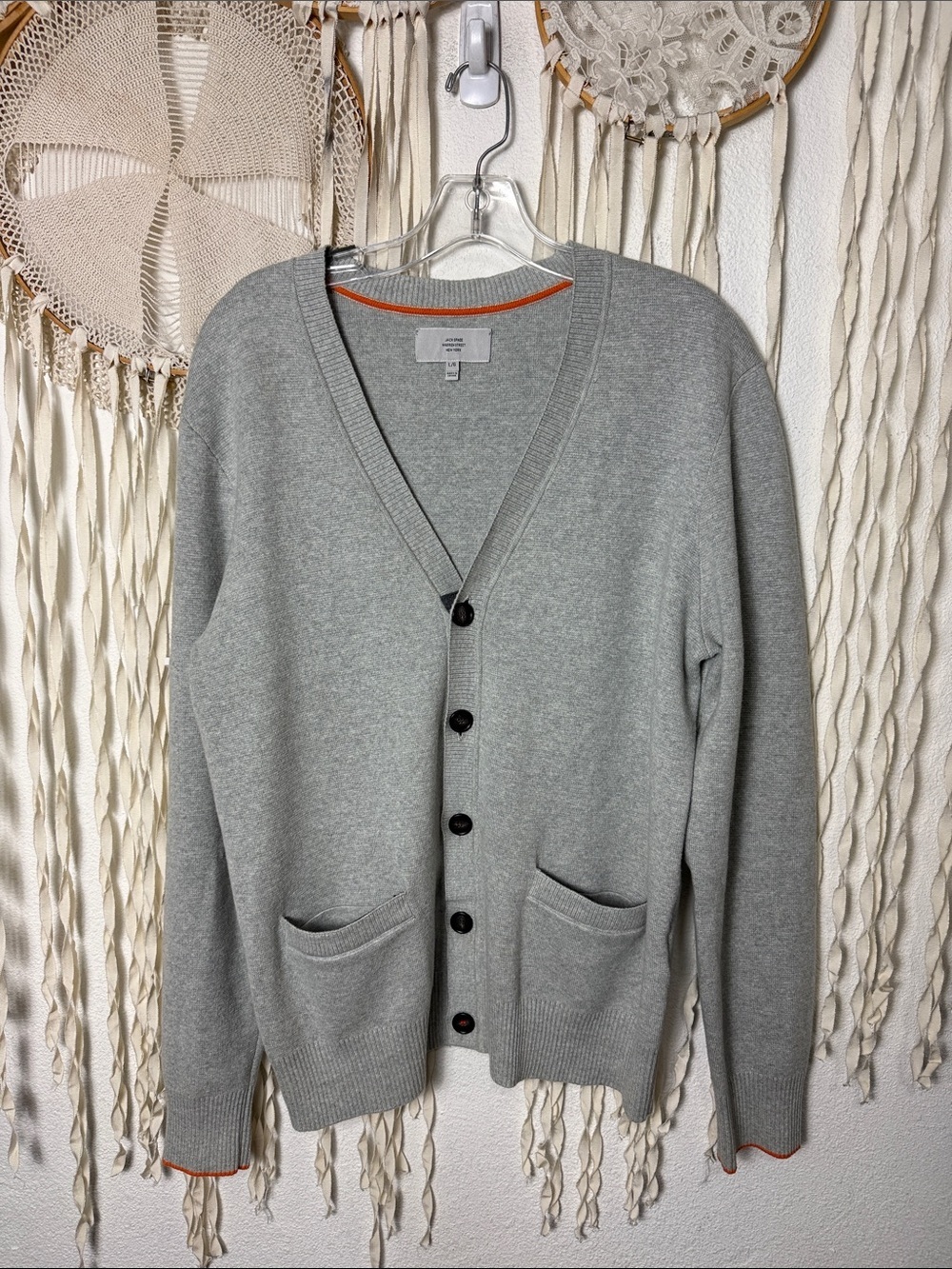 Jack Spade Bleeker Street Men's Cotton Light Gray V-Neck Button Front Cardigan L